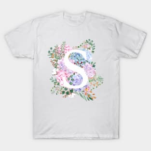 botanical monogram alphabet S hydrangea flowers T-Shirt